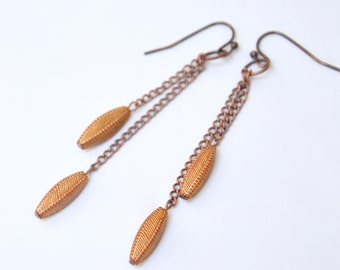 Rose Gold Fringe Earrings, Modern Double Chain Earrings, Beaded Earrings, Antiqued Copper Dangle Earrings, Bohemian Earrings, Boho Jewelry