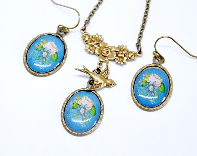 Blue Flower Necklace Earrings Set, Floral Necklace with Bird, Oval Cameo Necklace Set, Blue Jewelry, Antiqued Brass, Victorian Style Jewelry
