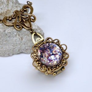 Amethyst Fire Opal Locket Necklace, 4 Photo Locket, 4 Picture Locket, Antique Brass Opal Necklace, Amethyst Necklace February Birthstone