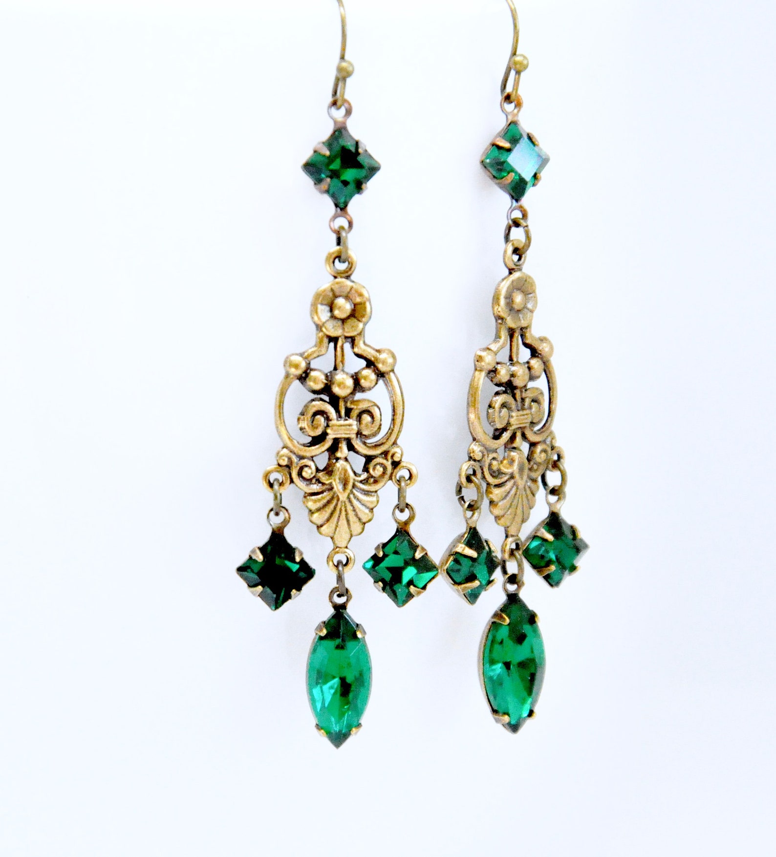 Emerald Chandelier Earrings Green Crystal Earrings Art Deco Etsy