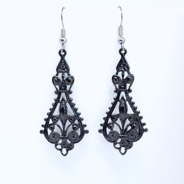 Victorian Gothic Black Filigree Earrings, Black Dangle Earrings,  Black Patina, Gunmetal, Victorian Jewelry, Vintage Style Earrings, Goth