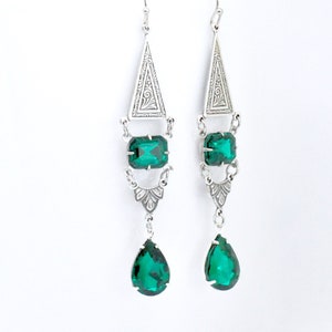 Art Deco Emerald Rhinestone Earrings: Antiqued Silver Teardrop Dangle
