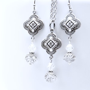 Quatrefoil Necklace Earring Set: Clear Crystal Beads, Antiqued Silver Clover Connectors, Victorian Vintage Style Jewelry image 1