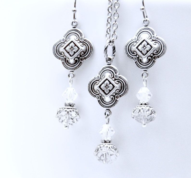 Quatrefoil Necklace Earring Set: Clear Crystal Beads, Antiqued Silver Clover Connectors, Victorian Vintage Style Jewelry image 1