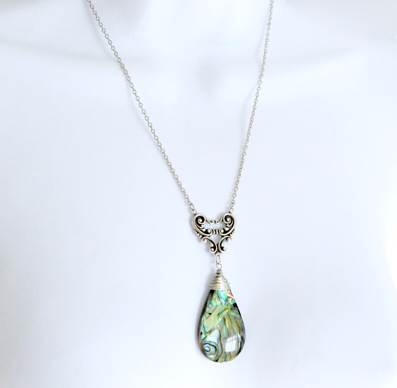 Large Paua Shell Necklace Abalone Necklace Romantic Paua Shell Jewelry Antique Silver Teardrop Pendant Necklace Heart Filigree