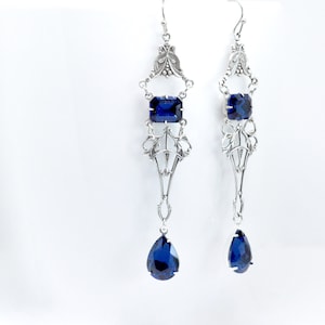 Art Deco Montana Sapphire Teardrop Earrings, Antiqued Silver Statement Earrings
