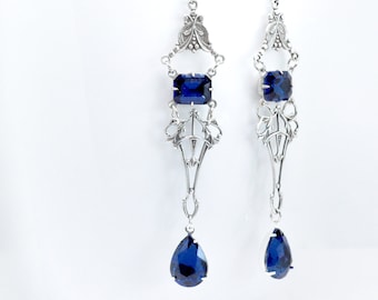 Boucles d'oreilles Art Déco en saphir du Montana, forme goutte, argent vieilli