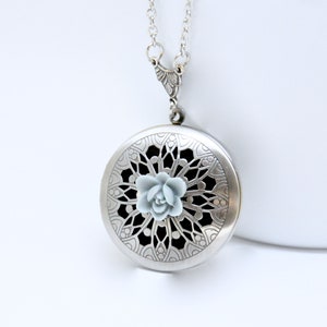 Victorian Flower Locket Necklace: Antiqued Silver Filigree, Dusty Blue Lotus