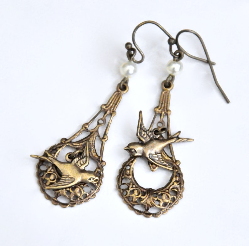 Antiqued Brass Bird Earrings, Ivory Pearl Earrings, Teardrop Hoop, Asymmetric Earrings, Victorian Bird Jewelry, Sparrow Swallow, Art Nouveau image 2