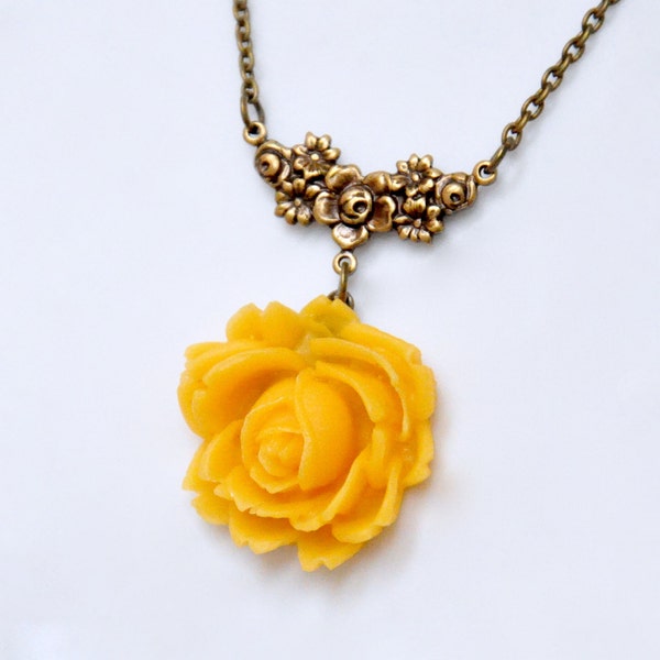 Yellow Rose Pendant Necklace, Yellow Flower Necklace, Antiqued Brass Flower Necklace, Floral Necklace, Honey Yellow Necklace Victorian Style