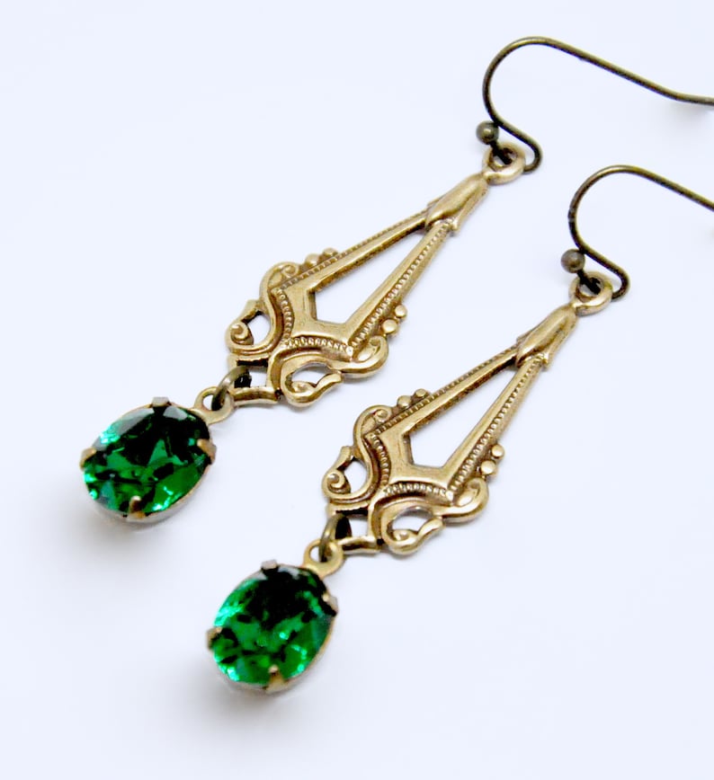 Antique Brass Filigree Earrings May Birthstone Jewelry Gift Art Deco Emerald Earrings Green Crystal Dangle Earrings