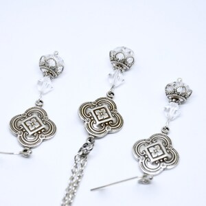 Quatrefoil Necklace Earring Set: Clear Crystal Beads, Antiqued Silver Clover Connectors, Victorian Vintage Style Jewelry image 4