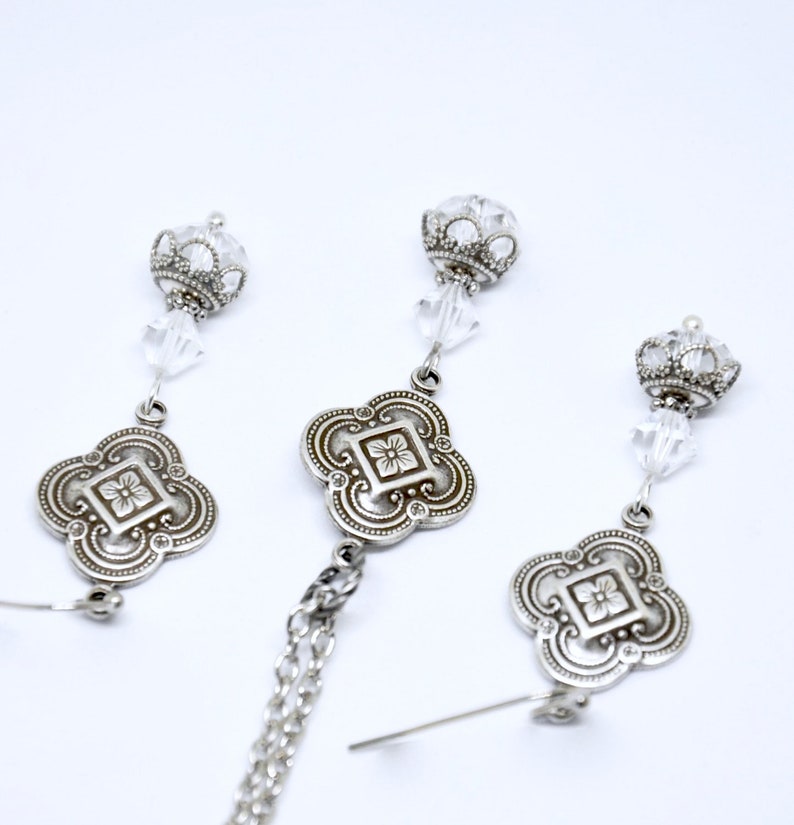 Quatrefoil Necklace Earring Set: Clear Crystal Beads, Antiqued Silver Clover Connectors, Victorian Vintage Style Jewelry image 4
