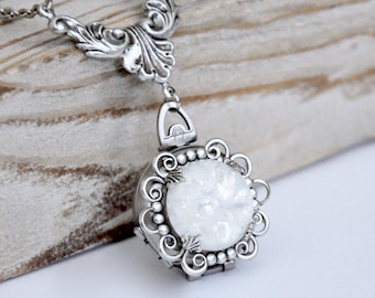 White Opal 4-Photo Locket Necklace: Antiqued Silver Filigree, Victorian Jewelry