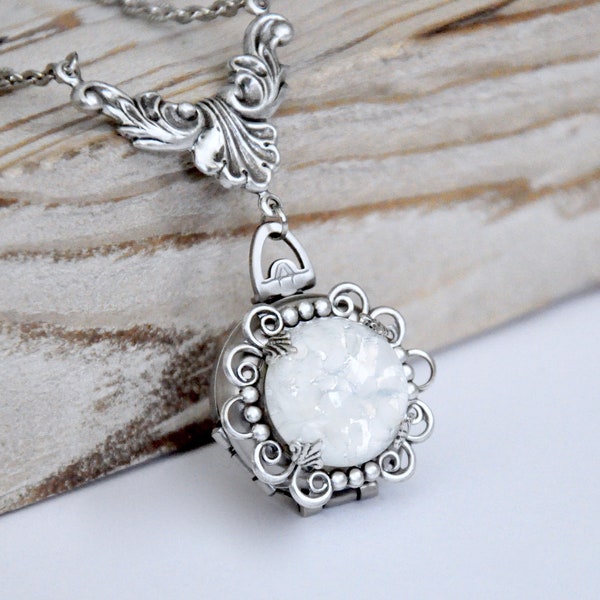 White Opal 4 Photo Locket Necklace, Silver 4 Picture Locket, Antiqued Silver Opal Necklace,  Four Way Locket, Victorian Jewelry, Filigree