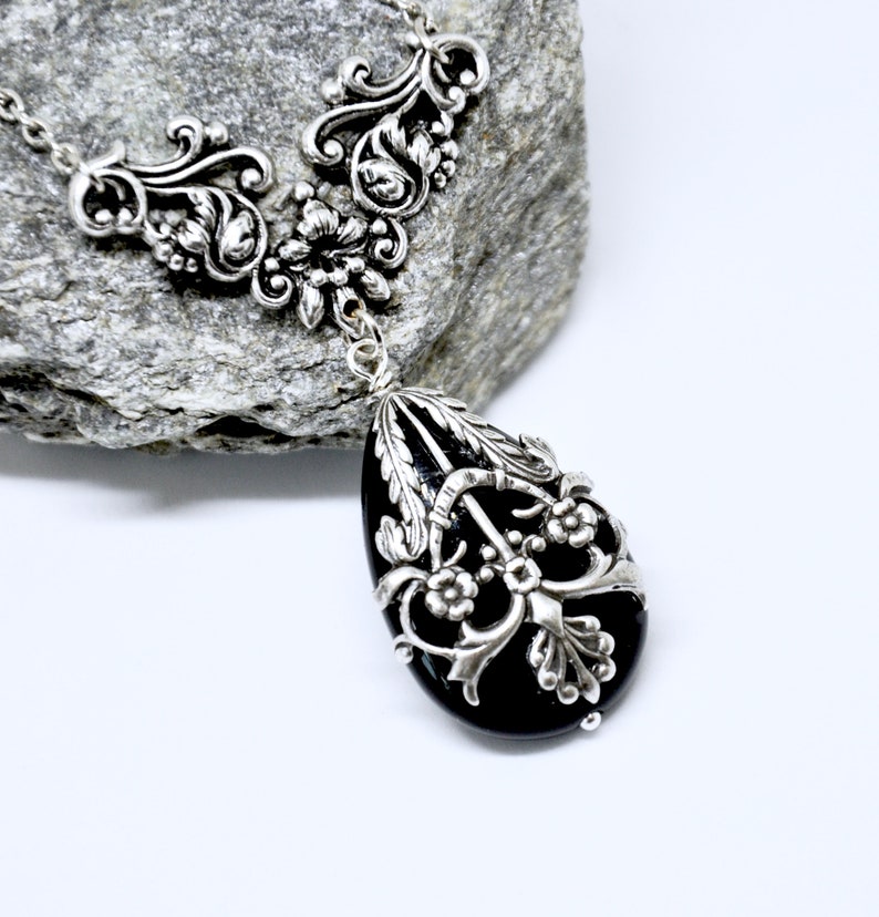 Antique Silver Filigree Necklace Black Stone Teardrop Pendant | Etsy
