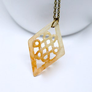 Buddhist Endless Knot Necklace, Carved Carnelian Stone Pendant, Gemstone, Geometric Necklace,  Asian Zen Jewelry, Diamond Shaped Pendant