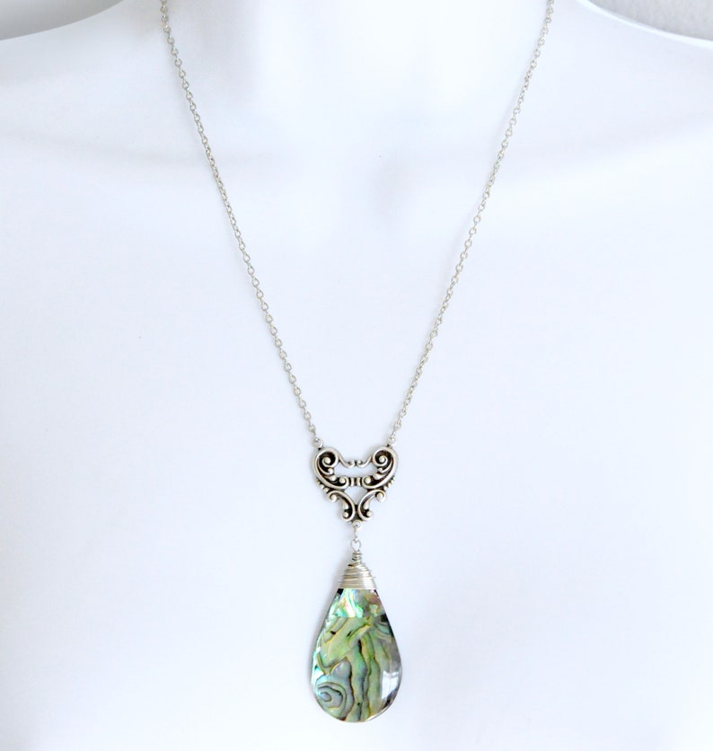 Large Paua Shell Necklace Abalone Necklace Romantic Paua Shell Jewelry Antique Silver Teardrop Pendant Necklace Heart Filigree
