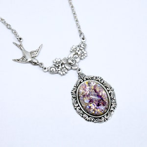 Amethyst Fire Opal Necklace: Antique Silver Flying Bird Pendant