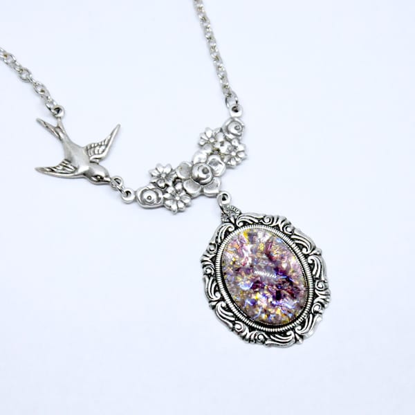 Amethyst Opal Necklace with Flying Birds, Purple Fire Opal, Dragons Breath, Antique Silver, Sparrow Swallow, Flower Necklace, Asymmetric