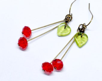 Long Red Cherry Earrings, Cherries Fruit Earrings, Red Dangle Earrings, Faceted Glass Beads, Green Leaf, Figural Jewelry Antiqued Brass
