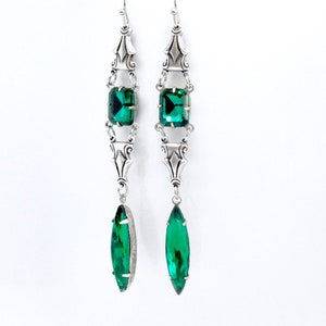 Art Deco Emerald Earrings, Extra Long Statement Earrings, Antiqued Silver, Dark Green Rhinestone Earrings, Navette Crystal, May Birthstone
