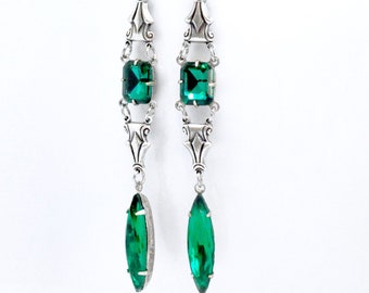 Art Deco Emerald Earrings, Extra Long Statement Earrings, Antiqued Silver, Dark Green Rhinestone Earrings, Navette Crystal, May Birthstone