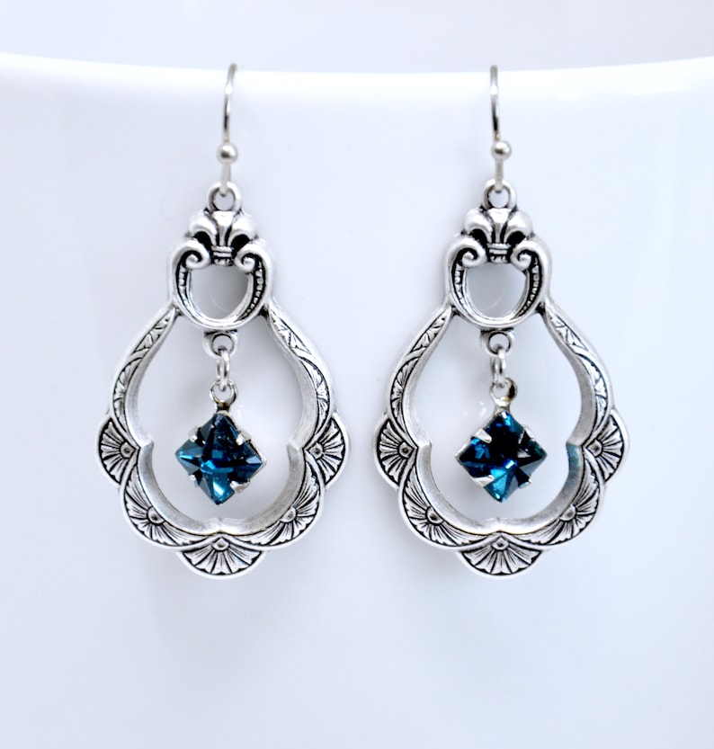 Art Deco Earrings Blue Crystal Earrings Montana Sapphire Hoop Earrings Silver Sapphire Earrings Smoky Blue Earrings Victorian Jewelry