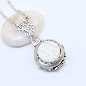 4 Photo Locket Necklace: White Fire Opal, Antique Silver Filigree, Holds 4 Pictures, Victorian Vintage Style Jewelry