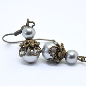 Blue Pearl Drop Earrings, Dusty Blue Earrings, Antiqued Brass Filigree Earrings, Smoky Blue Bead Dangle Earrings, Blue Bridesmaid Jewelry