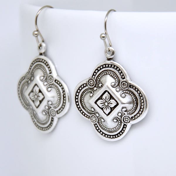 Quatrefoil Earrings, Clover Earrings, Antique Silver Floral Jewelry, French Earrings, Renaissance Revival, Art Deco Jewelry, Medieval Celtic