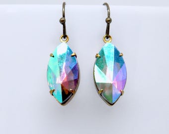 Amethyst Drop Earrings, Purple Navette Crystal Earrings, Aurora Borealis Rainbow Shimmer, Rhinestone Dangle Earrings, Antiqued Brass