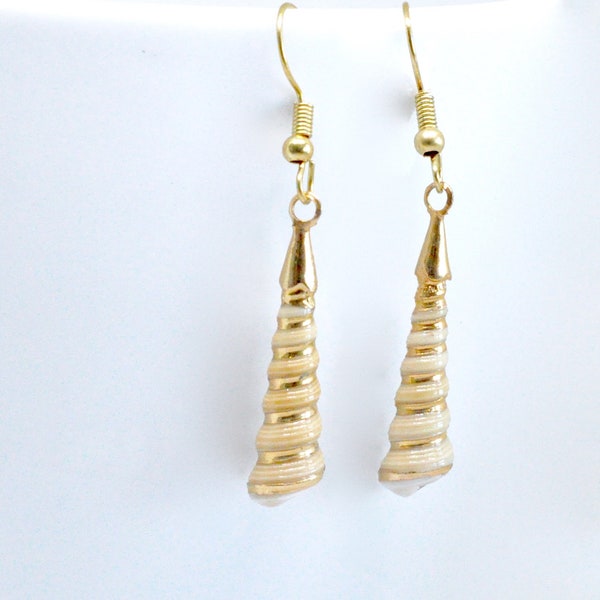 Natural Shell Earrings, Gold Rimmed Shell, Auger Shell Dangle Earrings, Cone Shells, Beach Earrings, Nature Inspired Jewelry, Beach Jewelry