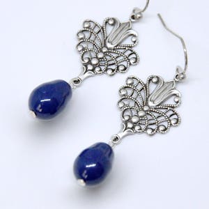 Victorian Dark Blue Earrings, Blue Pearl Earrings, Dark Lapis Pear Pearl, Art Deco Earrings, Antiqued Silver Filigree Vintage Style Earrings image 3