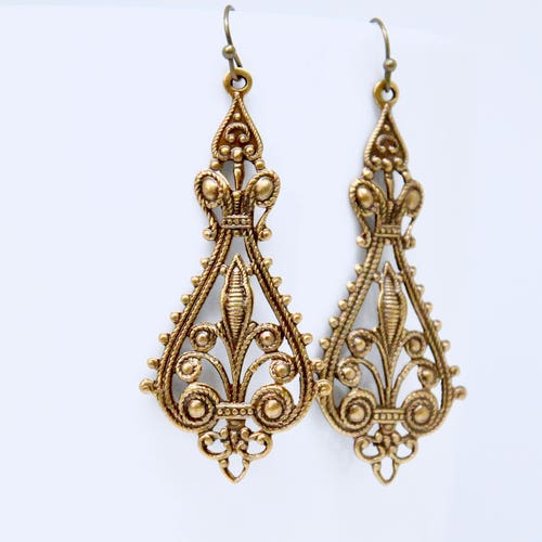 Antique Brass Filigree Dangle Earrings: Art Deco Victorian Style