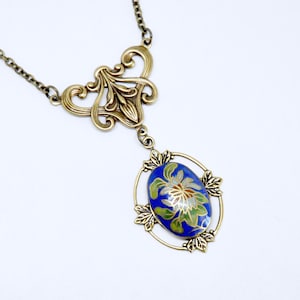 Blue Flower Necklace, Blue Floral Cloisonne Necklace, Victorian Style Antique Brass Filigree, Vintage Cloisonne Enamel, Art Nouveau Jewelry