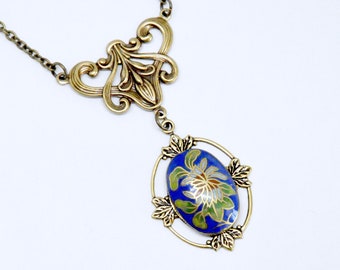 Blue Flower Necklace, Blue Floral Cloisonne Necklace, Victorian Style Antique Brass Filigree, Vintage Cloisonne Enamel, Art Nouveau Jewelry