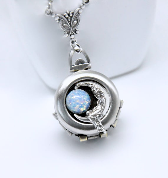 Blue Moon Celestial Locket Necklace 4 Photo Locket Blue Opal | Etsy