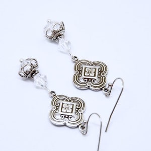 Quatrefoil Necklace Earring Set: Clear Crystal Beads, Antiqued Silver Clover Connectors, Victorian Vintage Style Jewelry image 5