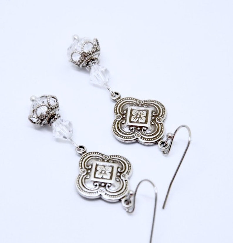 Quatrefoil Necklace Earring Set: Clear Crystal Beads, Antiqued Silver Clover Connectors, Victorian Vintage Style Jewelry image 5