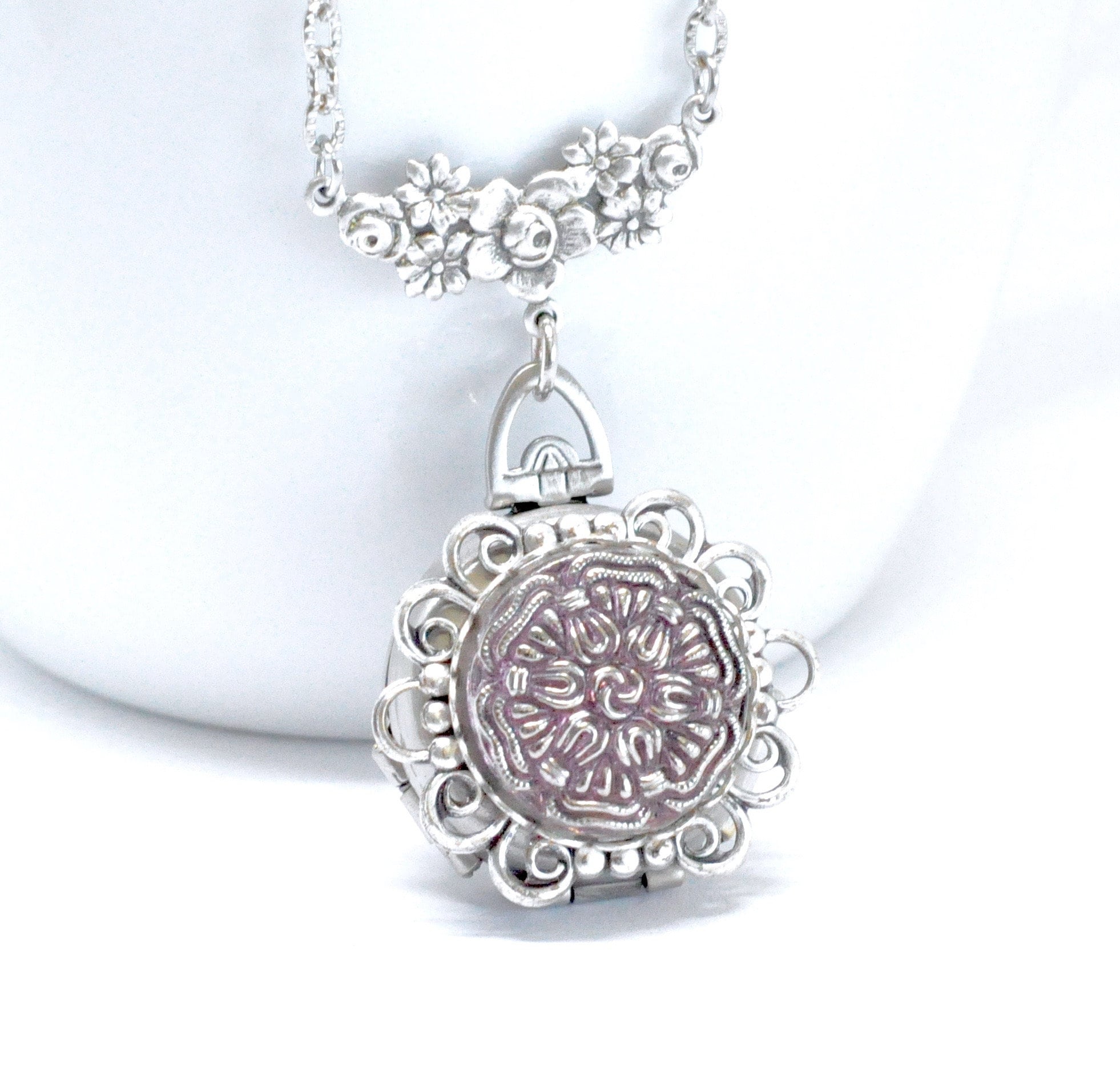 Four Photo Locket Necklace: Czech Glass Flower, Antiqued Silver