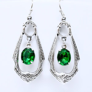 Art Deco Emerald Green Rhinestone Dangle Earrings