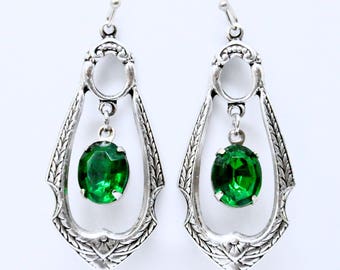 Emerald Hoop Earrings, Antiqued Silver Art Deco Earrings, Green Dangle Earrings, Rhinestone Dangle Earrings, May Birthstone Jewelry Gift