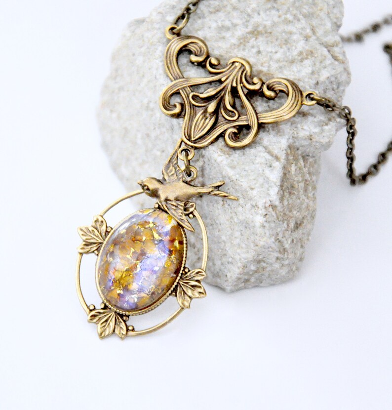 Topaz Opal Necklace Antique Brass Golden Opal Necklace - Etsy
