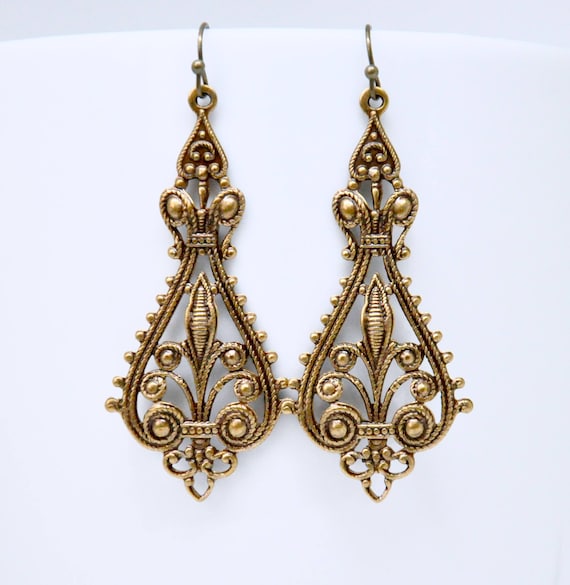 SimpleSoulStudios Antique Brass Filigree Earrings Art Deco Dangle Earrings Victorian Vintage Style Earrings Art Deco Jewelry Renaissance Earrings