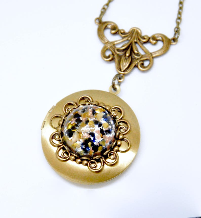 Bridesmaid Gift Antique Brass Locket Art Deco Locket Art Nouveau Locket Brown Stone Locket Necklace Victorian Necklace Czech Glass