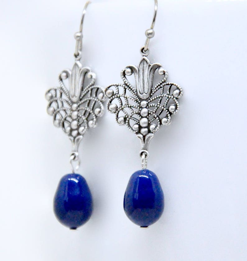 Victorian Dark Blue Earrings, Blue Pearl Earrings, Dark Lapis Pear Pearl, Art Deco Earrings, Antiqued Silver Filigree Vintage Style Earrings image 1