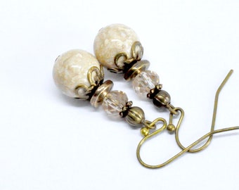 Victorian Bead Drop Earrings, Natural GemStone Earrings, Beige Fossil Stone, Golden Shadow, Cream Stacked Graduated Beads, Antiqued Brass