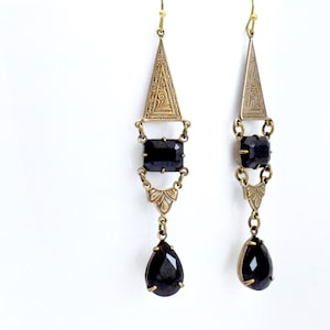 Victorian Gothic Dangle Earrings: Black Rhinestone Art Deco Antiqued Brass