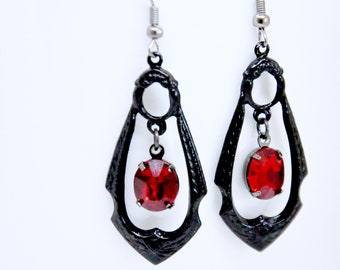 Black and Red Earrings, Siam Ruby Earrings, Black Hoop Earrings, Dark Red Earrings, Art Deco, Gothic Rhinestone Earrings, July Birthstone